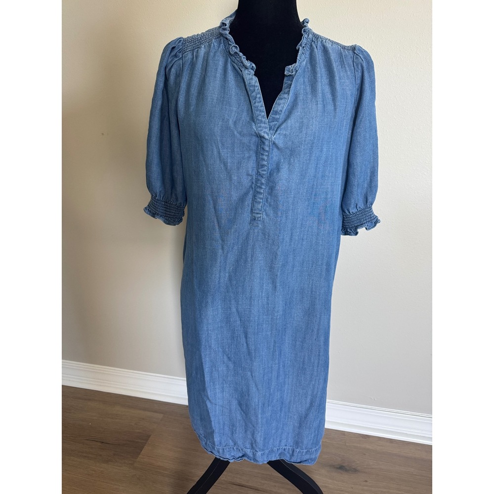 Talbots Blue Tencel Lyocell Smocked Ruffle Neck Shift Dress Large Pockets